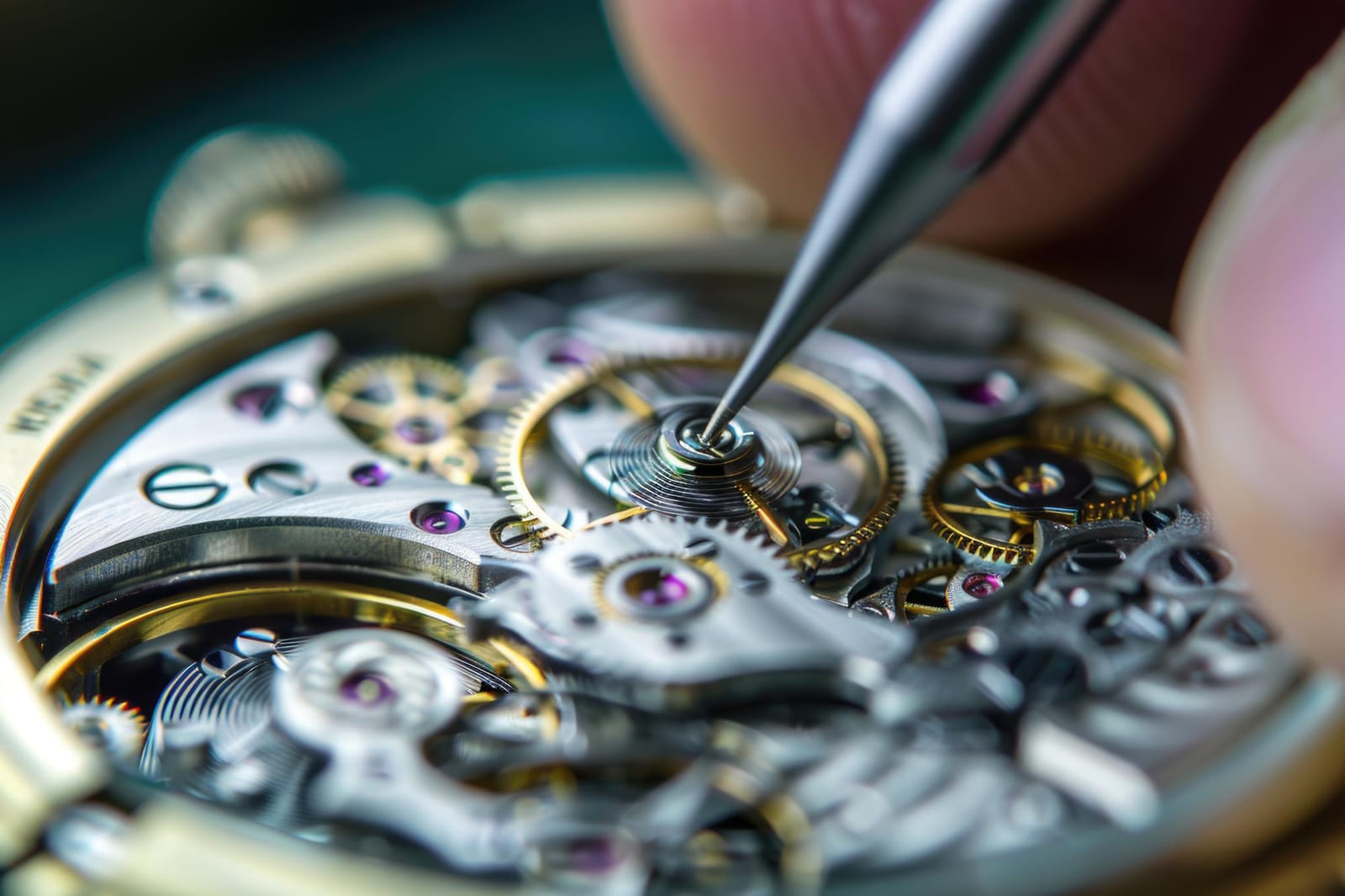 Pinzetta al lavoro sugli ingranaggi durante la manutenzione completa quarzo analogico